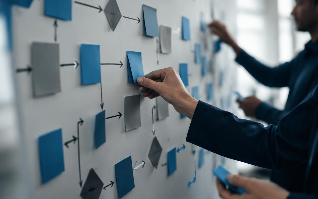 Facilitators mapping a business process flow on a workshop wall