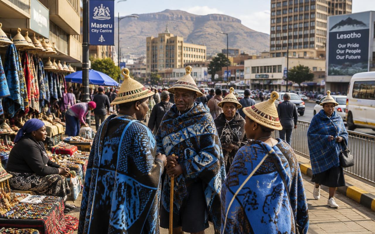 Basotho people in traditional blankets and mokorotlo hats at a street market in Maseru's city centre