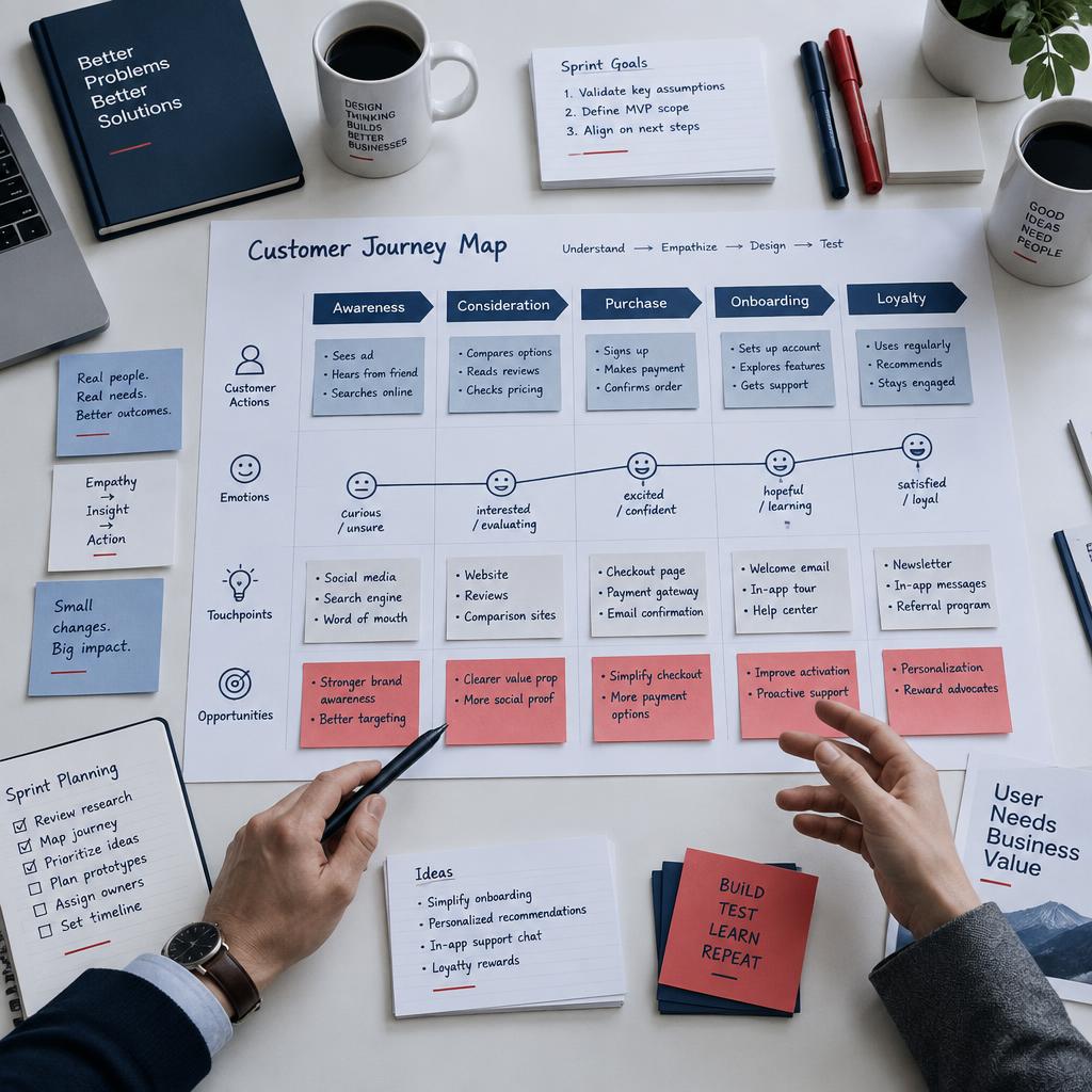 Design thinking sprint desk with a customer journey map and planning notes