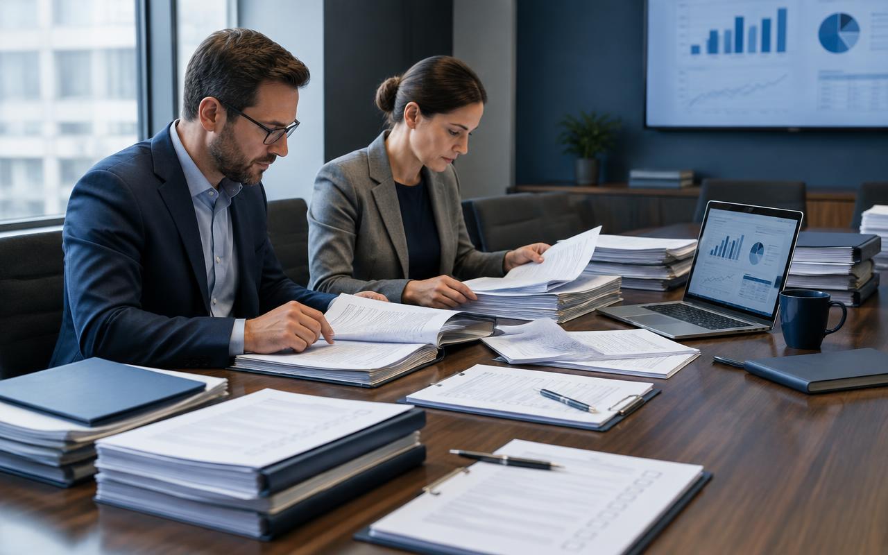 Professionals working through document review and analysis