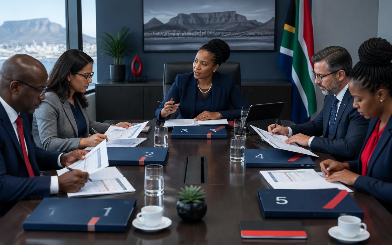 A bid committee evaluating tender submissions around a boardroom table