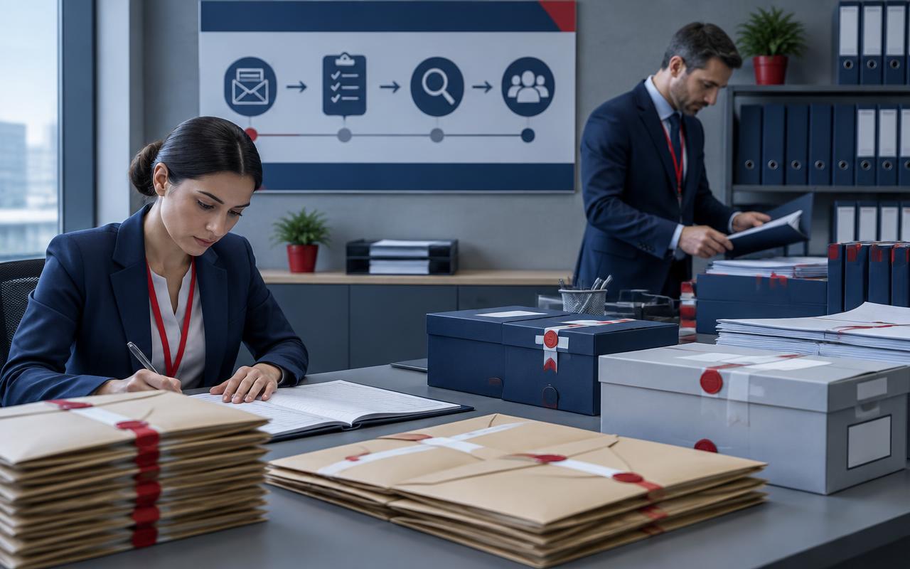 Tender submissions being logged and processed in a bid management office