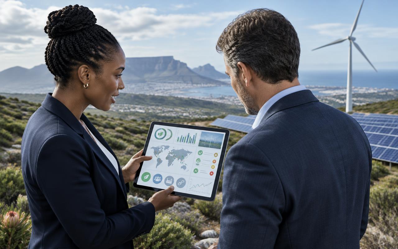 An advisor discussing ESG reporting and sourcing risk at a renewable energy project