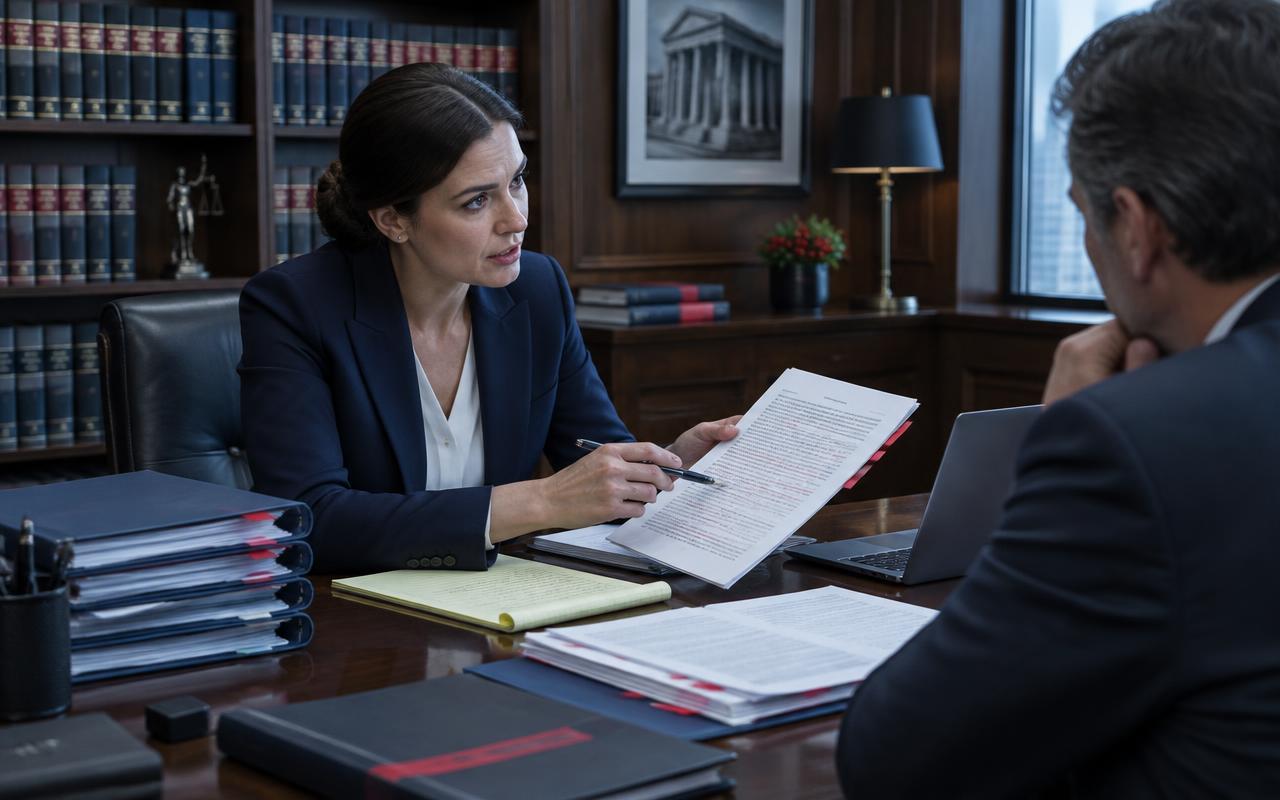 Legal counsel reviewing procurement documents for a bid challenge